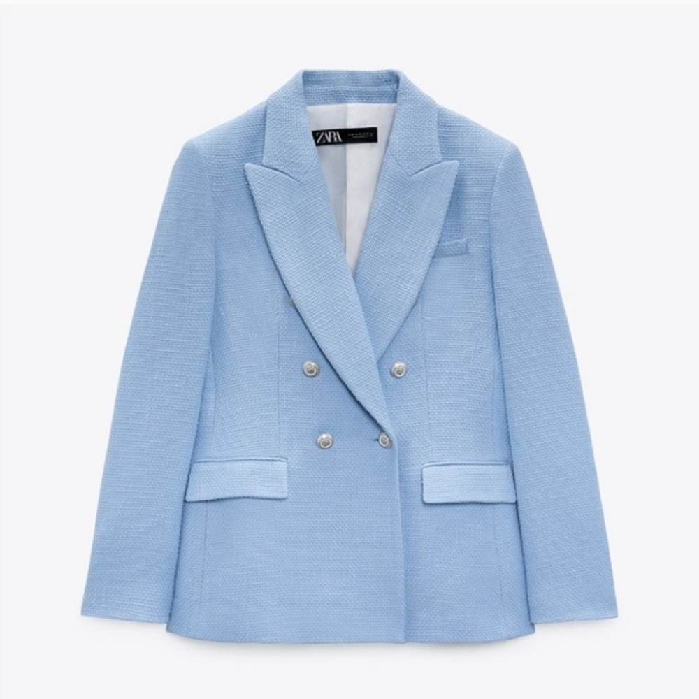 Zara Sky Blue Double-Breasted Blazer Silver Buttons